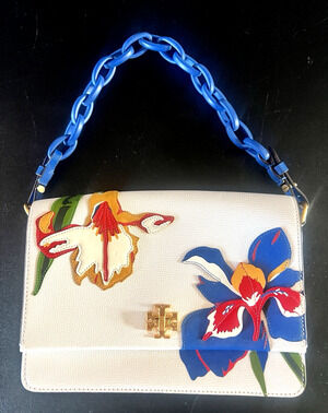 Tory Burch Kira Floral Iris Applique Shoulder & Crossbody Chain Handbag Purse